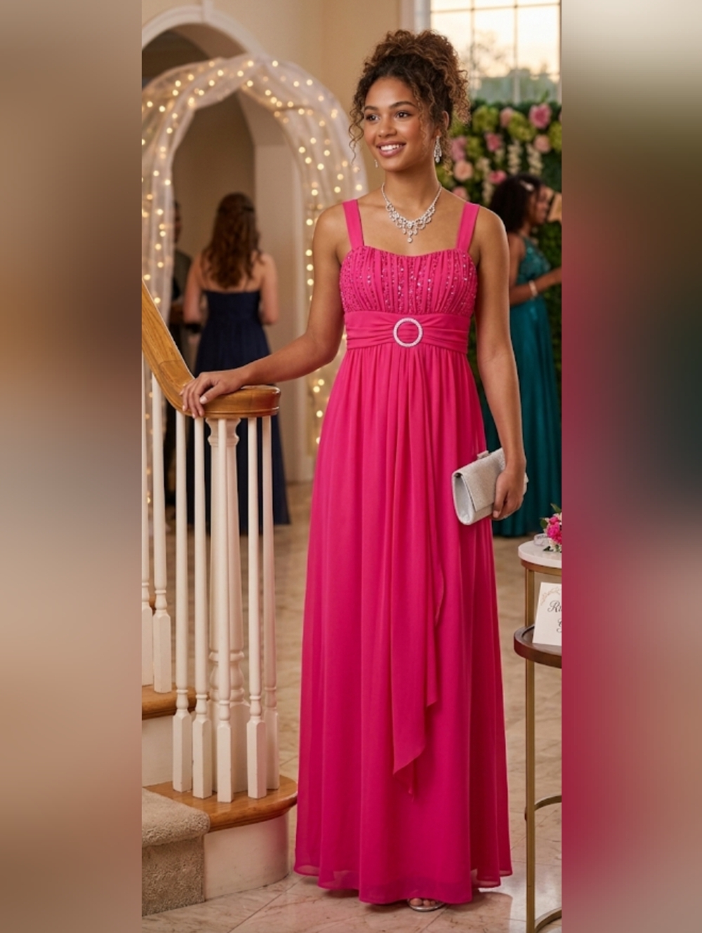 Ruby Rox Hot Pink Chiffon Prom Evening Gown With Rhinestone Accent